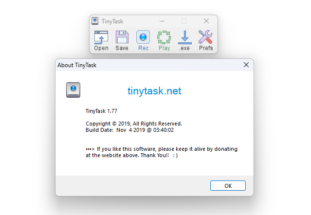 The About window inside TinyTask, showing the version number and a build date in November 2019