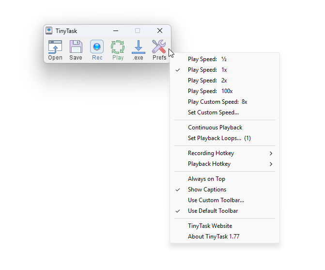 The complete Prefs menu in TinyTask, listing play speed, loops, hotkey submenus and toolbar options