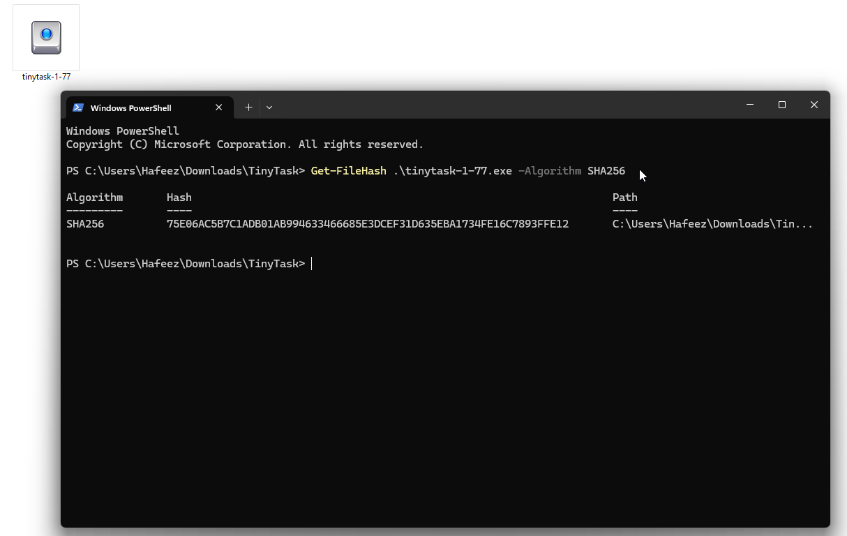 Windows PowerShell showing the file hash command and its full output